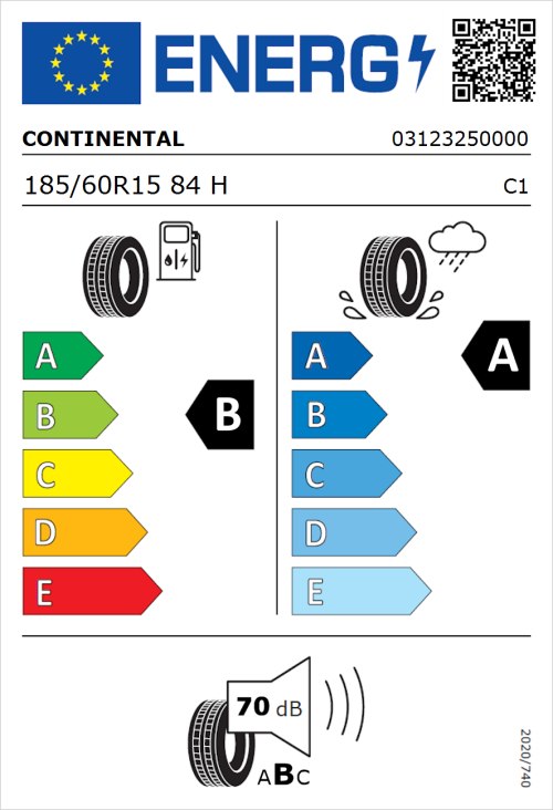 Tyre Label for Continental UltraContact 185/60R15 84H