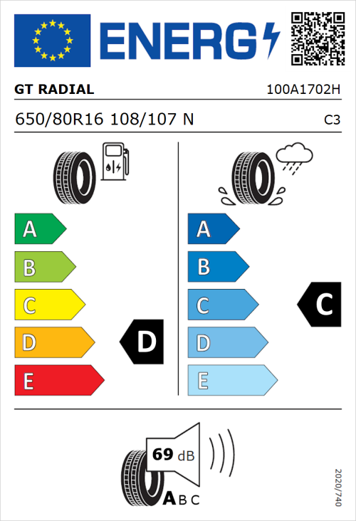Tyre Label for GT Radial Super Traveller 668 650/80R16 108/107N